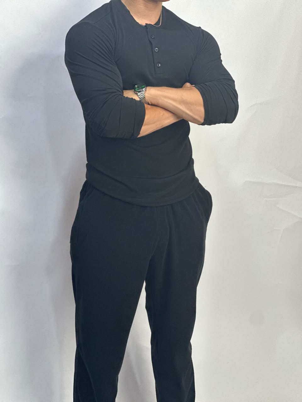 Henley Short Noir long sleeves