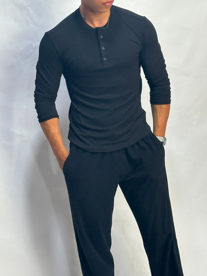 Henley Short Noir long sleeves