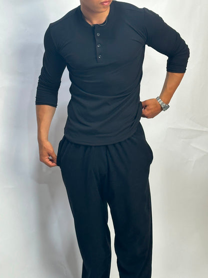 Henley Short Noir long sleeves