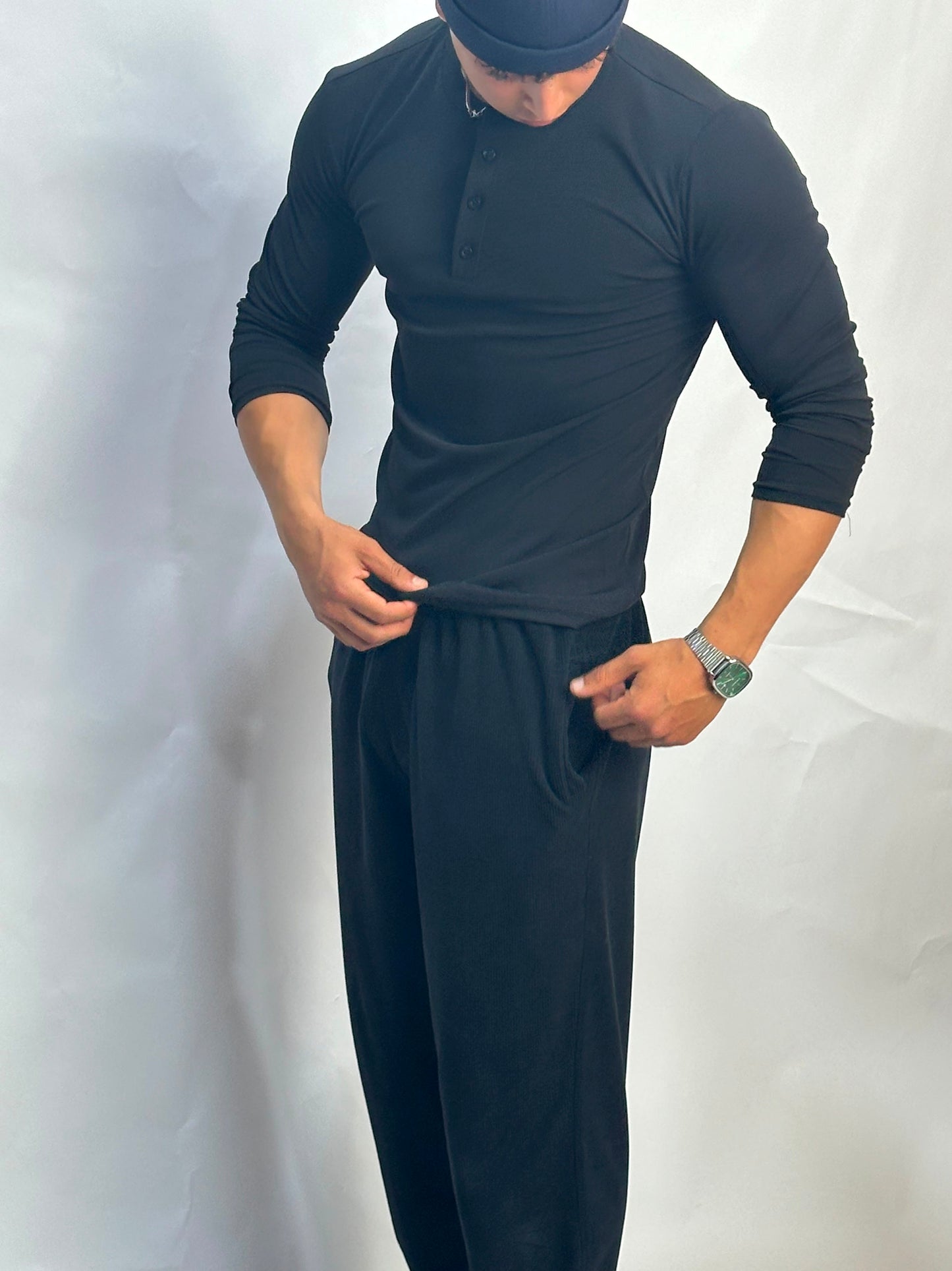 Henley Short Noir long sleeves