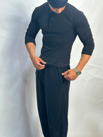 Henley Short Noir long sleeves